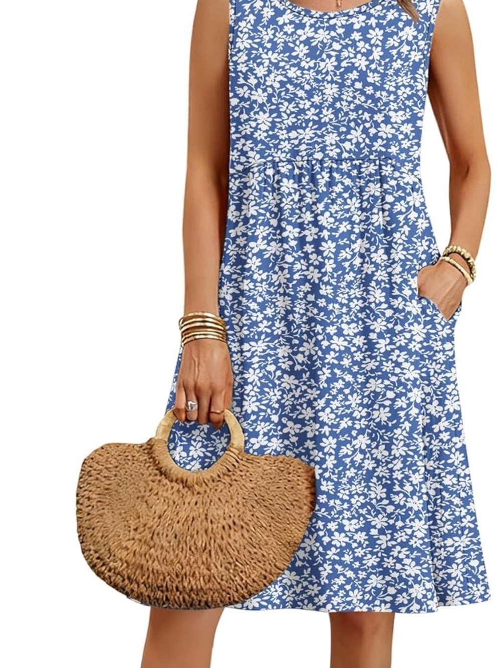 Women’s Summer Sleeveless Dress with Pockets Blue White Small Flowers
